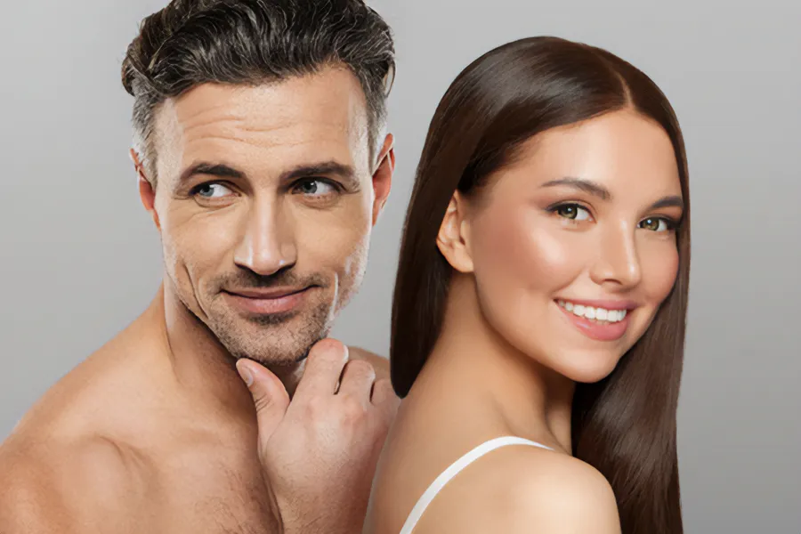 Aesthetics-Cosmetics-Doctor A handsome man and beautiful brunette woman stand against a gray background showing their smooth beautiful skin resulting from aesthetic and cosmetic care from Jennifer Jose-Cappola, MD in Stamford.