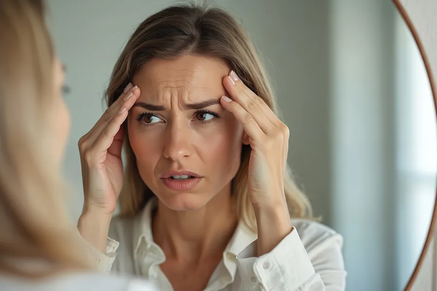 Daxxify-Frown-Line-Therapy-Clinic A woman looks anxiously in a mirror at her frown lines. Get Daxxify treatment for frown lines from Jennifer Jose-Cappola, MD in Stamford.