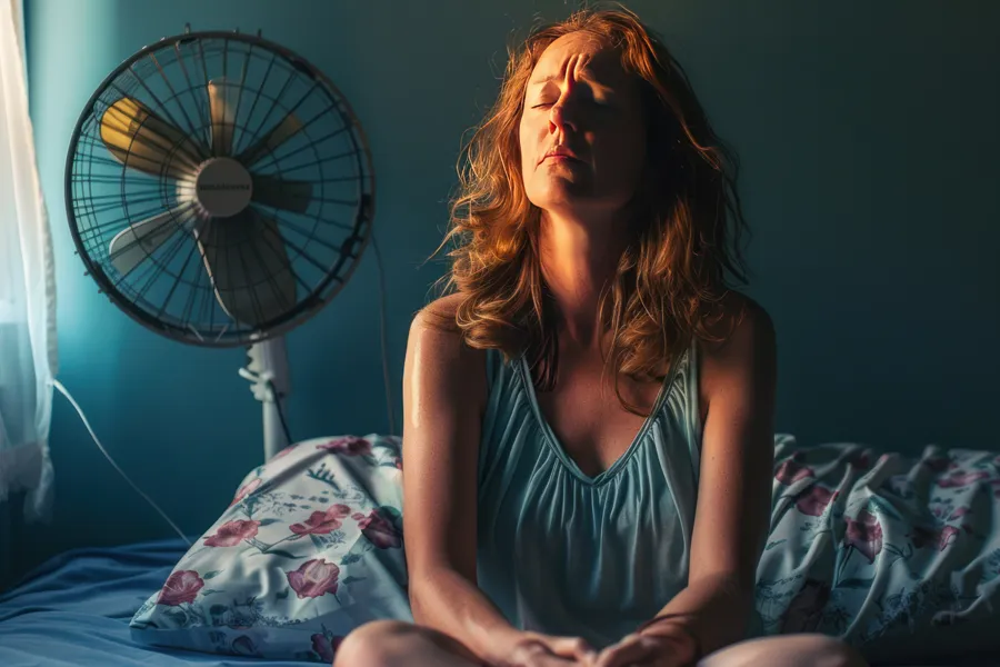 Hot-Flashes-and-Night-Sweats-Clinic A middle-aged red-haired woman sits in bed sweating with a fan behind her, unable to sleep. Get treatment for hot flashes and night sweats from Jennifer Jose-Cappola, MD in Stamford.