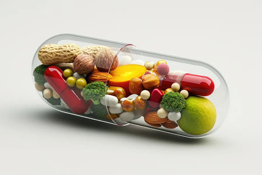Supplements-Clinic 3D illustration of a capsule filled with nutritious whole foods. Get health and wellness supplements from Jennifer Jose-Cappola, MD in Stamford.